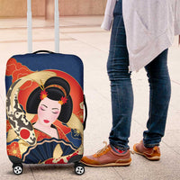 Japanese Geisha Koi Fish Luggage Cover Cherry Blossoms Blue Seigaiha Pattern - Polynesian Pride