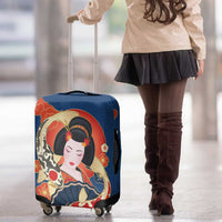 Japanese Geisha Koi Fish Luggage Cover Cherry Blossoms Blue Seigaiha Pattern - Polynesian Pride