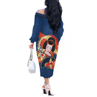 Japanese Geisha Koi Fish Off The Shoulder Long Sleeve Dress Cherry Blossoms Blue Seigaiha Pattern - Polynesian Pride