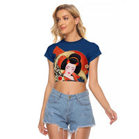 Japanese Geisha Koi Fish Raglan Cropped T Shirt Cherry Blossoms Blue Seigaiha Pattern - Polynesian Pride