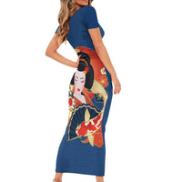 Japanese Geisha Koi Fish Short Sleeve Bodycon Dress Cherry Blossoms Blue Seigaiha Pattern - Polynesian Pride