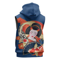 Japanese Geisha Koi Fish Sleeveless Hoodie Cherry Blossoms Blue Seigaiha Pattern - Polynesian Pride