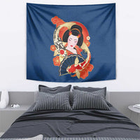 Japanese Geisha Koi Fish Tapestry Cherry Blossoms Blue Seigaiha Pattern - Polynesian Pride