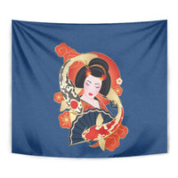 Japanese Geisha Koi Fish Tapestry Cherry Blossoms Blue Seigaiha Pattern - Polynesian Pride