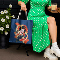 Japanese Geisha Koi Fish Tote Bag Cherry Blossoms Blue Seigaiha Pattern LT14 - Polynesian Pride