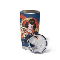 Japanese Geisha Koi Fish Tumbler Cup Cherry Blossoms Blue Seigaiha Pattern - Polynesian Pride