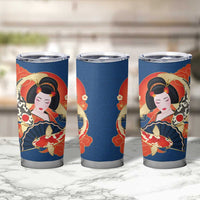 Japanese Geisha Koi Fish Tumbler Cup Cherry Blossoms Blue Seigaiha Pattern - Polynesian Pride