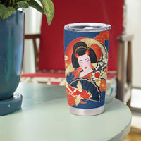 Japanese Geisha Koi Fish Tumbler Cup Cherry Blossoms Blue Seigaiha Pattern - Polynesian Pride
