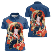 Japanese Geisha Koi Fish Women Polo Shirt Cherry Blossoms Blue Seigaiha Pattern - Polynesian Pride