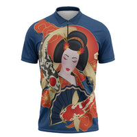 Japanese Geisha Koi Fish Zipper Polo Shirt Cherry Blossoms Blue Seigaiha Pattern - Polynesian Pride