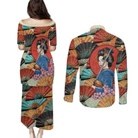 Japanese Geisha Katana Couples Matching Puletasi and Long Sleeve Button Shirt Japan Sensu Seigaiha Pattern - Polynesian Pride