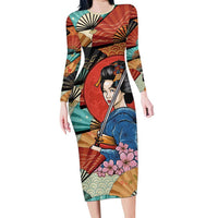 Japanese Geisha Katana Family Matching Long Sleeve Bodycon Dress and Hawaiian Shirt Japan Sensu Seigaiha Pattern - Polynesian Pride