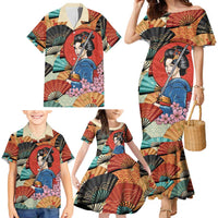 Japanese Geisha Katana Family Matching Mermaid Dress and Hawaiian Shirt Japan Sensu Seigaiha Pattern - Polynesian Pride