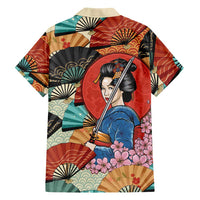 Japanese Geisha Katana Family Matching Off The Shoulder Long Sleeve Dress and Hawaiian Shirt Japan Sensu Seigaiha Pattern - Polynesian Pride