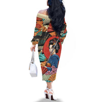 Japanese Geisha Katana Family Matching Off The Shoulder Long Sleeve Dress and Hawaiian Shirt Japan Sensu Seigaiha Pattern - Polynesian Pride