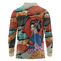 Japanese Geisha Katana Long Sleeve Polo Shirt Japan Sensu Seigaiha Pattern - Polynesian Pride