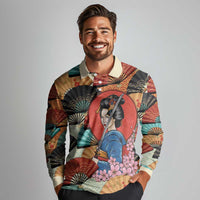 Japanese Geisha Katana Long Sleeve Polo Shirt Japan Sensu Seigaiha Pattern - Polynesian Pride
