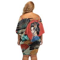 Japanese Geisha Katana Off Shoulder Short Dress Japan Sensu Seigaiha Pattern - Polynesian Pride