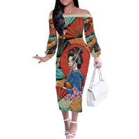 Japanese Geisha Katana Off The Shoulder Long Sleeve Dress Japan Sensu Seigaiha Pattern - Polynesian Pride
