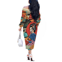 Japanese Geisha Katana Off The Shoulder Long Sleeve Dress Japan Sensu Seigaiha Pattern - Polynesian Pride