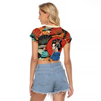 Japanese Geisha Katana Raglan Cropped T Shirt Japan Sensu Seigaiha Pattern - Polynesian Pride