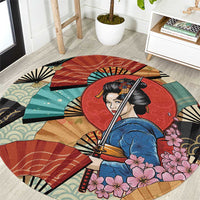 Japanese Geisha Katana Round Carpet Japan Sensu Seigaiha Pattern - Polynesian Pride