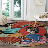 Japanese Geisha Katana Round Carpet Japan Sensu Seigaiha Pattern - Polynesian Pride