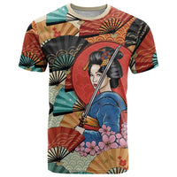 Japanese Geisha Katana T Shirt Japan Sensu Seigaiha Pattern - Polynesian Pride
