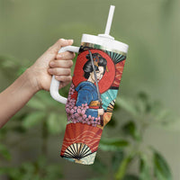 Japanese Geisha Katana Tumbler With Handle Japan Sensu Seigaiha Pattern - Polynesian Pride