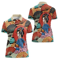 Japanese Geisha Katana Women Polo Shirt Japan Sensu Seigaiha Pattern - Polynesian Pride