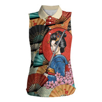Japanese Geisha Katana Women Sleeveless Polo Shirt Japan Sensu Seigaiha Pattern - Polynesian Pride