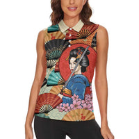 Japanese Geisha Katana Women Sleeveless Polo Shirt Japan Sensu Seigaiha Pattern - Polynesian Pride