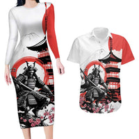 Japanese Samurai Warrior Enso Couples Matching Long Sleeve Bodycon Dress and Hawaiian Shirt Japan Pagoda Sakura Watercolor - Polynesian Pride