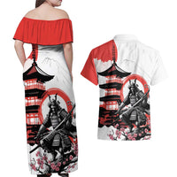 Japanese Samurai Warrior Enso Couples Matching Off Shoulder Maxi Dress and Hawaiian Shirt Japan Pagoda Sakura Watercolor - Polynesian Pride