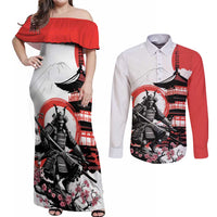 Japanese Samurai Warrior Enso Couples Matching Off Shoulder Maxi Dress and Long Sleeve Button Shirt Japan Pagoda Sakura Watercolor - Polynesian Pride