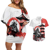 Japanese Samurai Warrior Enso Couples Matching Off Shoulder Short Dress and Hawaiian Shirt Japan Pagoda Sakura Watercolor - Polynesian Pride