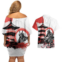 Japanese Samurai Warrior Enso Couples Matching Off Shoulder Short Dress and Hawaiian Shirt Japan Pagoda Sakura Watercolor - Polynesian Pride