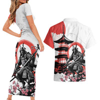 Japanese Samurai Warrior Enso Couples Matching Short Sleeve Bodycon Dress and Hawaiian Shirt Japan Pagoda Sakura Watercolor - Polynesian Pride
