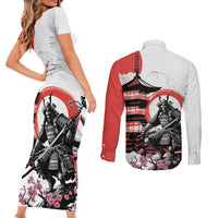 Japanese Samurai Warrior Enso Couples Matching Short Sleeve Bodycon Dress and Long Sleeve Button Shirt Japan Pagoda Sakura Watercolor - Polynesian Pride