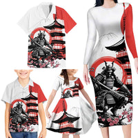 Japanese Samurai Warrior Enso Family Matching Long Sleeve Bodycon Dress and Hawaiian Shirt Japan Pagoda Sakura Watercolor - Polynesian Pride