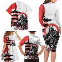 Japanese Samurai Warrior Enso Family Matching Long Sleeve Bodycon Dress and Hawaiian Shirt Japan Pagoda Sakura Watercolor - Polynesian Pride