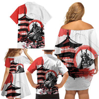 Japanese Samurai Warrior Enso Family Matching Off Shoulder Short Dress and Hawaiian Shirt Japan Pagoda Sakura Watercolor - Polynesian Pride