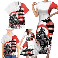Japanese Samurai Warrior Enso Family Matching Short Sleeve Bodycon Dress and Hawaiian Shirt Japan Pagoda Sakura Watercolor - Polynesian Pride