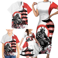 Japanese Samurai Warrior Enso Family Matching Short Sleeve Bodycon Dress and Hawaiian Shirt Japan Pagoda Sakura Watercolor - Polynesian Pride