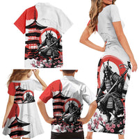 Japanese Samurai Warrior Enso Family Matching Short Sleeve Bodycon Dress and Hawaiian Shirt Japan Pagoda Sakura Watercolor - Polynesian Pride