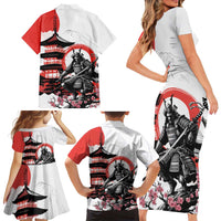 Japanese Samurai Warrior Enso Family Matching Short Sleeve Bodycon Dress and Hawaiian Shirt Japan Pagoda Sakura Watercolor - Polynesian Pride