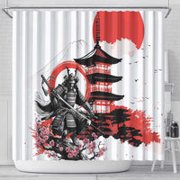 Japanese Samurai Warrior Enso Shower Curtain Japan Pagoda Sakura Watercolor - Polynesian Pride