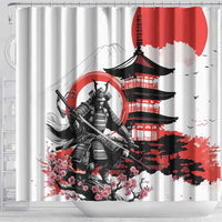 Japanese Samurai Warrior Enso Shower Curtain Japan Pagoda Sakura Watercolor - Polynesian Pride