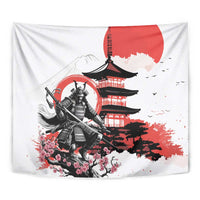 Japanese Samurai Warrior Enso Tapestry Japan Pagoda Sakura Watercolor - Polynesian Pride