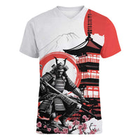 Japanese Samurai Warrior Enso Women V-Neck T-Shirt Japan Pagoda Sakura Watercolor - Polynesian Pride